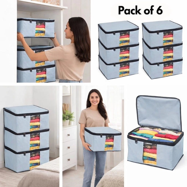 Foldable Saree Cover/Cloth Storage Bag/Wardrobe Organizer with Zip & Transparent Window (Pack of 6)